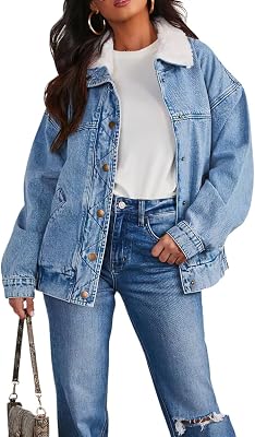 Womens Winter Sherpa Lined Denim Jacket Button Down Faux Fur Collar Jean Coat Overcoat