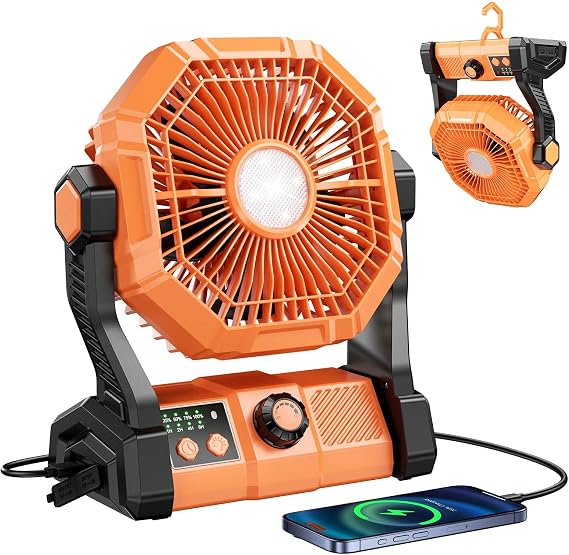 Camping Fan With 8 Speeds, 10000mAh Battery Operated Fan With LED Lantern, Outdoor Portable Fans For Camping With Remote, Timing, Hook