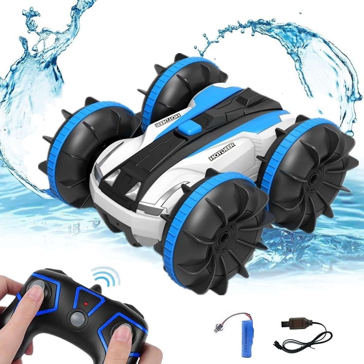 RC Car, Amphibious, RC Car, Stunt Car, High Speed, Four Wheel Drive, 360 Degree Rotation, USB Rechargeable, Shock Resistant, Childrens Gift Blue