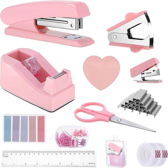 Pink Desk Office Supplies Set Stapler Tape Dispenser | 13 Pcs Office Supply Bundle, Plastic Metal Material, Stapler Scissors Clips Tabs Ruler for Home School Office