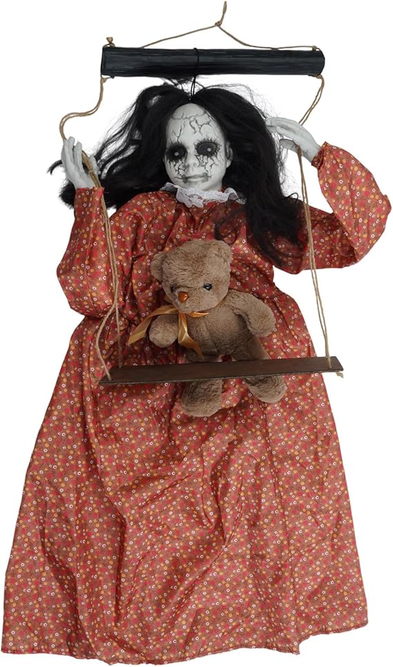 Voice Activated Haunted Hanging Doll with Sounds &amp; Light-Up Eyes for Yard Halloween Displays Motion Activated Glowing Ghostly Ornament with Creaky Sound Effects