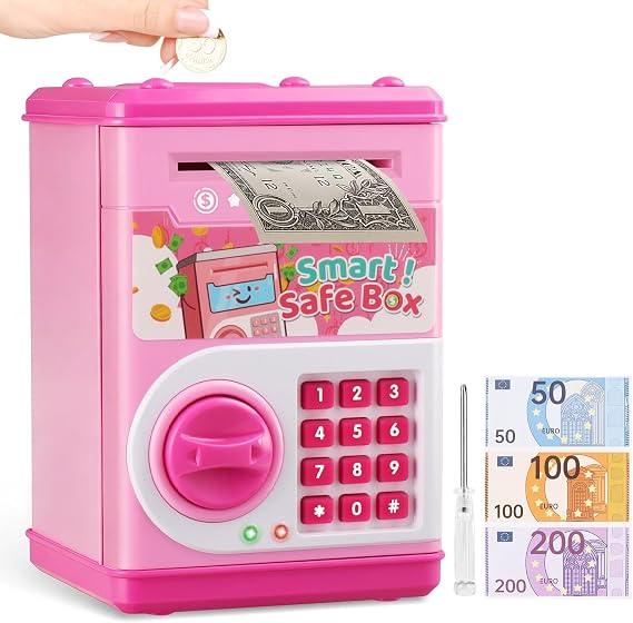 Piggy Bank for Kids, Electronic Mini ATM Bank with Password for Girls Boys | Money Saving Box with Auto Grab Bill Slot, Cash Coin Can Money Safe Toy for Age 3-12, Pink
