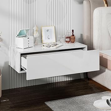 HedoAjim White Modern Floating Wall Mounted Nightstand with Drawer Storage Wood Bedside Table Small Wall Shelf for Bedroom Living Room