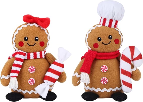 BWFY Christmas Gingerbread Man Plush Toys Set of 2, Festive Gingerbread Couple Stuffed Animals with Candy Props, Xmas Decorations & Gifts, Christmas Holiday Home Decor