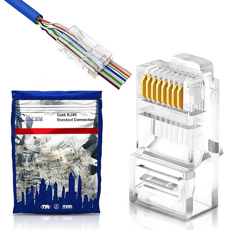Cat6 RJ45 Pass Through Connectors (100 Pack) Unshielded Gold-Plated EZ Crimp Modular Plugs for Cat6/Cat5e Ethernet Cable | 8P8C Connector Ends for Solid & Stranded UTP Network Cable