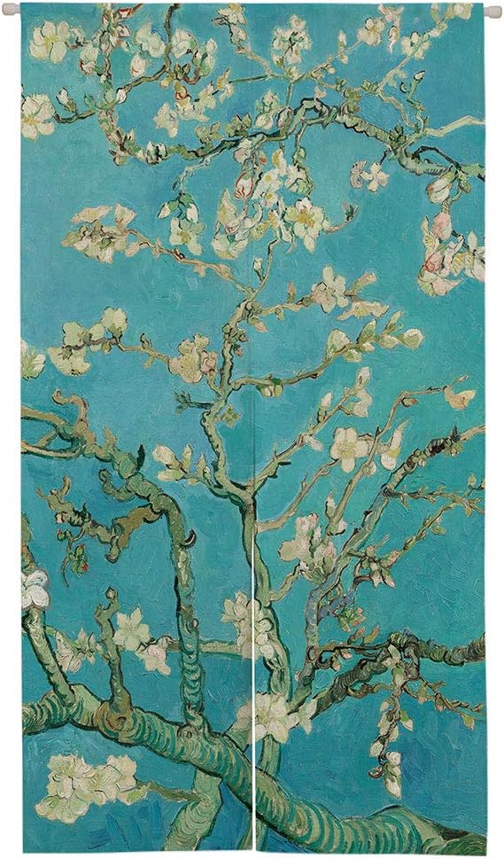 Ofat Home Almond Blossom Noren Curtain 33.5" x 59" Blue Floral | Van Gogh inspired floral artwork with soft blue tones, Japanese style fabric curtain for artistic home decor