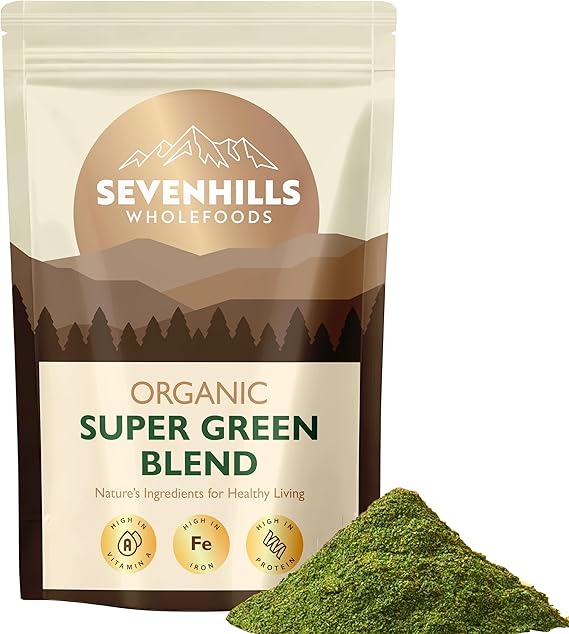 Sevenhills Wholefoods Organic Super Greens Blend 200g with Spirulina, Chlorella, Wheatgrass, Barley Grass | Supports Skin, Immunity & Reduce Tiredness | 40 Servings | UK Made