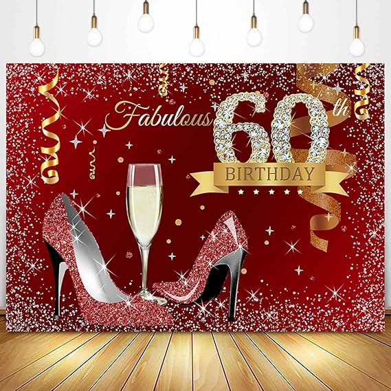 7x5ft Happy 60th Birthday Backdrop Red Glitter High Heels Gold Confetti Photography Background Silver Dots Women Fabulous 60th Birthday Party Decorations Banner Supplies Photo Studio Props