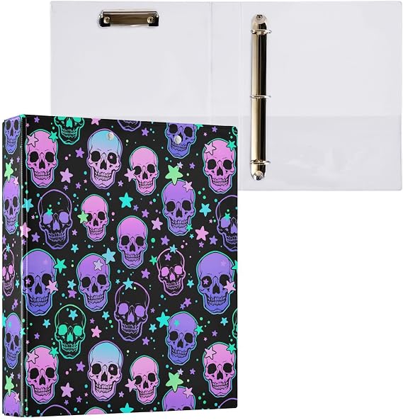 3 Ring Binder Bright Purple Skull Three 1.5 Inch D-Rings with Clipboard PVC Clear Pockets Fit 8.5 x 11 Inch Paper for School or Office Supplies 1 Pack