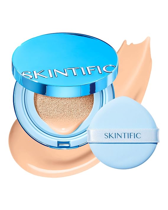 SKINTIFIC Velvet Matte Cushion Foundation Blue #02 Ivory | Full coverage matte finish, one-swipe flawless, oil control, long-lasting pore-blurring pressed powder for oily skin.