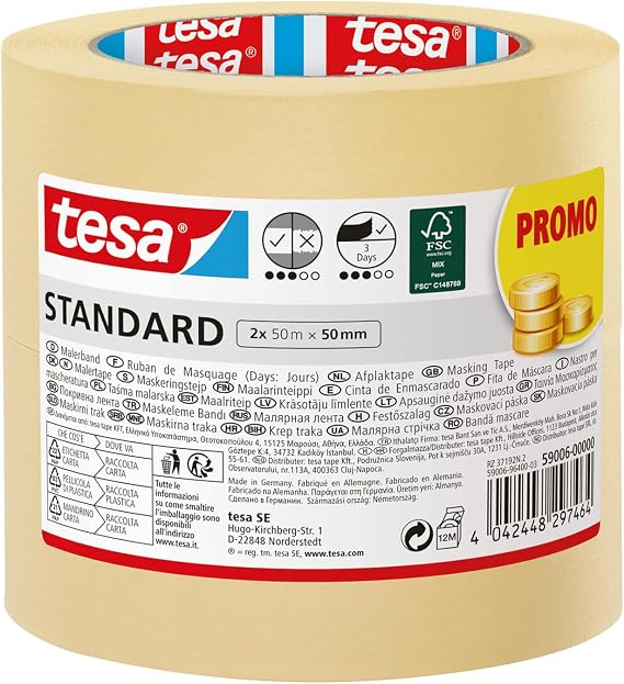 tesa Masking Tape Standard - Light Beige - 2 Rolls - 50 m x 50 mm
