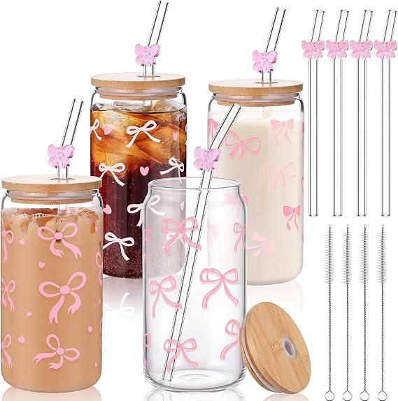 4 Set 16 oz Coquette Bows Glass Cups with Lids and Bows Straws Cleaning Brushes Aesthetic Iced Coffee Cup Reusable Mug for Women Sister Birthday Gift Not Dishwasher Safe(Pink,Bow)