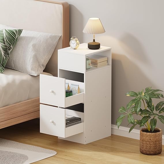 Rainbow Tree 25cm Narrow Bedside Table White with 2 Drawer&Open Shelf, Slim Table Cabinet for Small Space, Nightstand End Side Table for Bedroom (White, 25Wx30Dx66H cm)