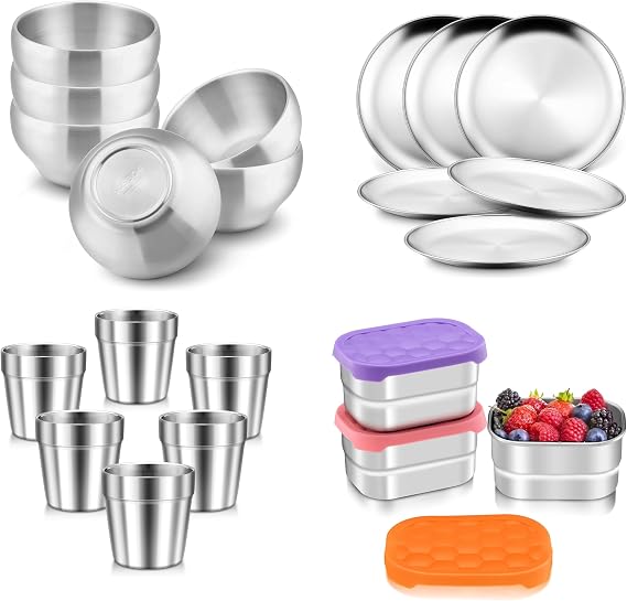 HaWare 18-Piece Kids Dinnerware Set with 3 Packs Snack Containers, Stainless Steel Toddler Dishes and Lunch Box, Small Food Containers for Kids Self-feeding, Non-toxic & Reusable