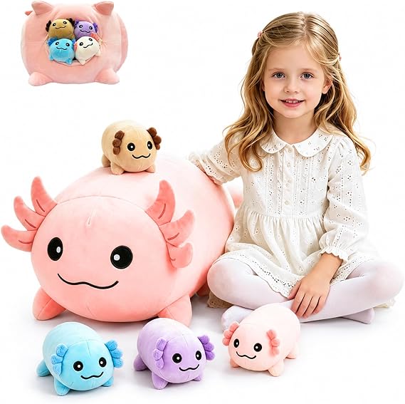 MMguai 16 Inch Axolotl Plush with 4 Babies, Squishy Stuffed Axolotl Toy, Cute 5-1 Stuffed Animals for Girls, Axolotl Gifts for Kids, Birthday, Party