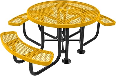 COATEDOUTDOORFURNITURE Heavy-Duty Portable Outdoor Picnic Table with Umbrella Hole, Expanded Metal Patio Dining Furniture Made in America 46 Round Top, Textured Yellow