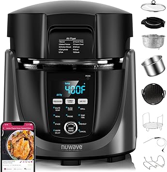 Nuwave Duet Electric Pressure Cooker & Air Fryer Combo, 450 IN 1 Slow Cooker & Grill with Integrated Digital Temp Probe, 6qt SS Pot, Adjustable HighLow Pressure, Built-in Sure-Lock Safety Tech
