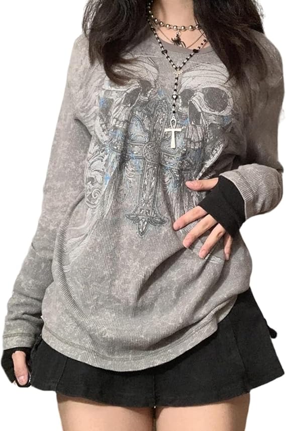 Women Grunge Clothes Y2K Long Sleeve Graphic Tees Vintage Gothic Aesthetic Tops Cute Teen Girls Shirts