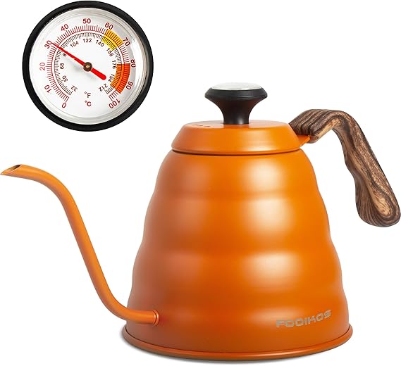Gooseneck Kettle with Thermometer for Pour Over Coffee & Tea, 1.2L Stovetop | 304 Stainless steel,wood-grain handle, smooth controlled pouring and temperature monitoring for home, coffee bar and camping