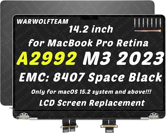 for MacBook Pro A2992 Retina LCD Screen Replacement, Black | EMC 8407, 14.2in, 3024 x 1964, LCD Screen Display Assembly Replacement, Includes Cover Cable Hinges