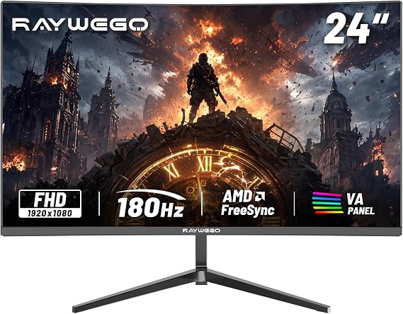 Raywego 24" Gaming Monitor Full HD 1920 x 1080P VA Panel Monitor 180Hz, Adaptive Sync, 4000:1 Contrast Ratio, Console Gaming, HDMI*1 / DP*1 / USB*1 / Earphone *1 / Zero Light Dot