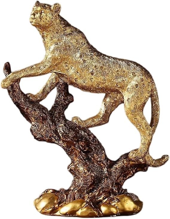 Creative Cheetah Statue, Gold Resin Leopard Sculpture, Leopard Figurine on Tree Stump, Modern Resin Leopard Ornament, Decor for Home and Office