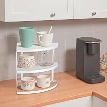 ROFAY 3-Tier Metal Corner Shelf Plate Organizer for Kitchen Counter &amp; Cabinet, Corner Rack for Plates, Dishes, Pantry, and Bathroom Storage, White