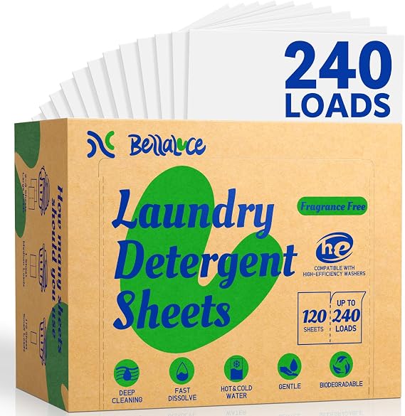 BellaLuce Laundry Detergent Sheets, Fragrance Free, 240 Loads | Plastic-Free Laundry Detergent, Fast-Dissolving, Hypoallergenic Formula Laundry Sheets, Space-Saving for Home, Dorms & Travel