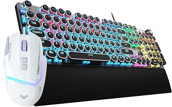 AULA Mechanical Keyboard Mouse Combo,F2088 Wired Black Typewriter Style Mechanical Keyboard Blue Switches + S12PRO Wired White Gaming Mouse