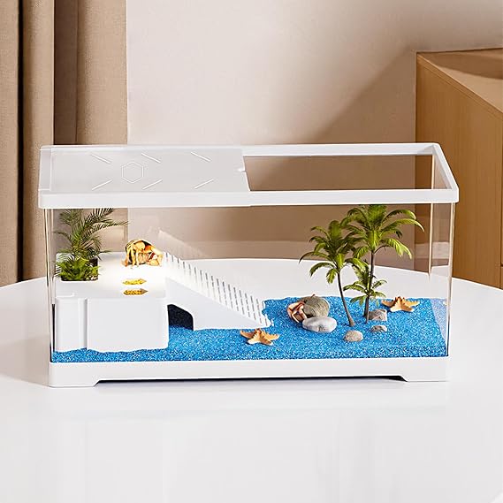 Turtle Fish Tank with Basking Platform and Bottom Drainage, 15.8" x 8" x 8.8" Aquatic Turtle Tank for Juvenile Turtle, Crayfish, Crabs, Amphibians, Reptiles White color