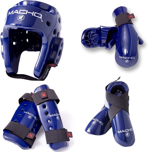 Macho Dyna 7 Piece Sparring Gear Set with shin Guards Blue Child Medium