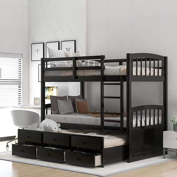 P PURLOVE Twin Over Twin Bunk Bed with Trundle and Storage Drawers,Solid Wood Detachable Twin Size Bunk Bed can Be Divided into 2 Twin Daybed