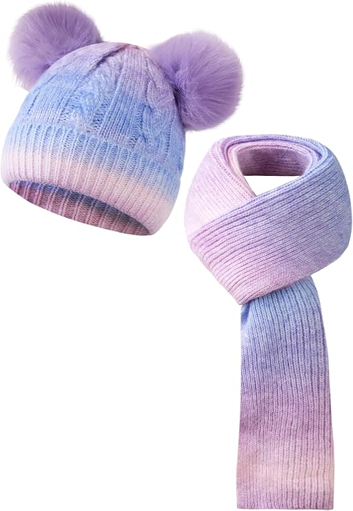 Winter Hat Scarf Set Kid Girls Knit Beanie Hat with Double Pom Knitted Warmer Scarf Rainbow Cold Knitting Set