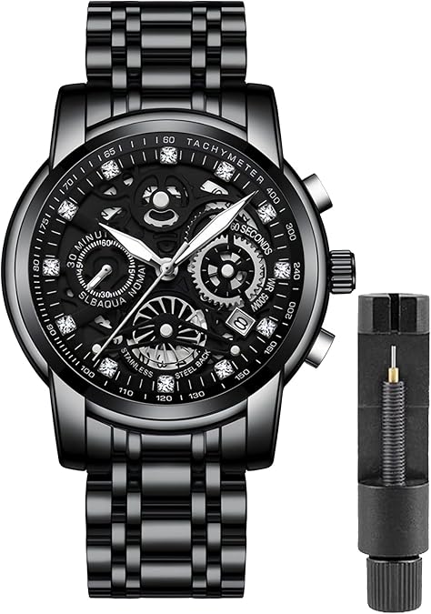 Gosasa Luxury Hollowed Men's Watches Diamonds Chronography High Grade Fashion Watch for Men Stainless Steel Calendar Luminous Quartz Waterproof Business Male Wristwatch