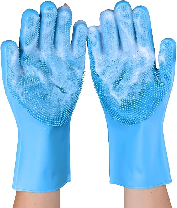 Silicone Dishwashing Gloves with Scrubbers, Pet & Dish Scrubbing(1pair, 12.2" L)