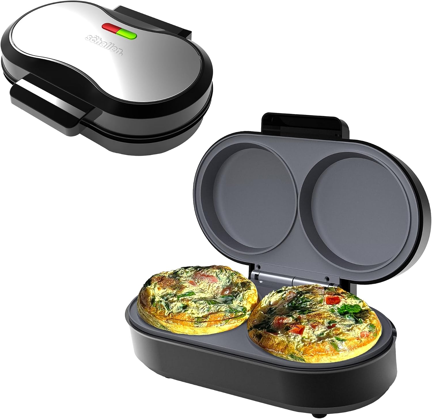 Schallen Electric Omelette Maker Healthy Eating Egg Pan | Non-Stick Coated Ceramic Plates | 2 Individual Cooking Plates with Cool Touch Handle | Stainless Steel | Black &amp; Silver Deep Fill