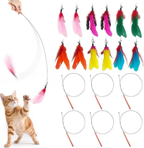 Cat Wand Toy with Feathers, 6PCS Cat Wands with 12PCS Feather Refills Interactive Cat Toy Set for Indoor Bored Cats Play & Exercise
