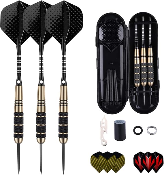 Professional Steel Tip Darts Set – 3 Pack (22g, 23g, 24g, 26g, 27g,) with Brass Barrels, Darts Stems, Flights, 50 Rubber O-Rings, 12 Spring Rings & Dart Sharpener for Dartboard