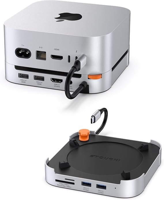 Stouchi Mac Mini M4 Dock with 8TB M.2 NVMe/SATA SSD Enclosure, 4K@60Hz HDMI, 2x USBA 10Gbps, SD/TF Card Reader, 3.5mm Audio, 2x USBA 3.0, Easy Power Button &amp; Stable Wi-Fi for Mac Mini M5/M4 Pro(2024)