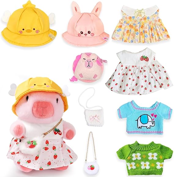 Capybara Plush Toy Capybara Plush with 9 Clothes and Accessories Super Soft Capybara Stuffed Animal for Kids Girls Boys 10.2inch (Cute Dress Capybara)
