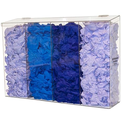 Bulk Dispenser-Quad-Tall Holds PPE or Miscellaneous Items in Bulk 4 compartments Top Loading and Dispensing hinged lid Wall mounting Clear PETG Plastic Dims: 5.79L x 24.89W x 17H
