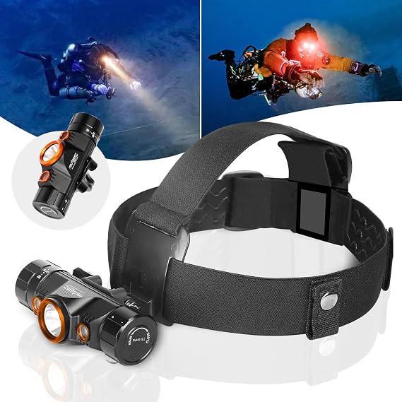 ORCATORCH TD01 Diving Headlamp, White/Red Dual-Color Head Mount Scuba Light | 1200 Lumens, Hands-Free Illumination, Magnetic Rotary Switch, 180 Rotatable Bracket, IP68 Waterproof Headlight, for Caving