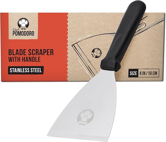 Chef Pomodoro Stainless Steel Bench Scraper, Pizza Dough Cutter, 4 inch | Non-Slip Grip, Cuts Dough, Portions Bread, Chops Veggies, Rust-Resistant, Dishwasher Safe, Metric & Imperial Measurements