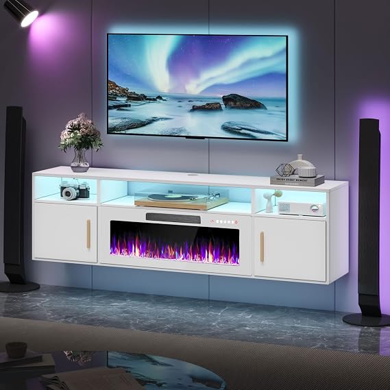 PRETZI Floating Fireplace TV Stand, 70" Wall Mounted Entertainment Center with 36" White Fireplace for TVs Up to 80", LED Modern Wood TV Console with High Gloss Cabinet for Living Room, 2 White