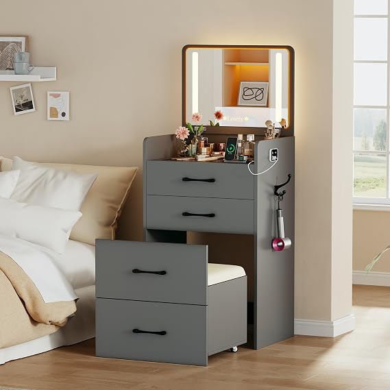 Lvifur 3 in 1 Vanity with Mirror and Sensor Lights,Charging Station,Grey | Glass Top Compact Vanity with Storage,Modern Flip Top Small Vanity with 3 Drawers & Rolling Stool,Bedroom