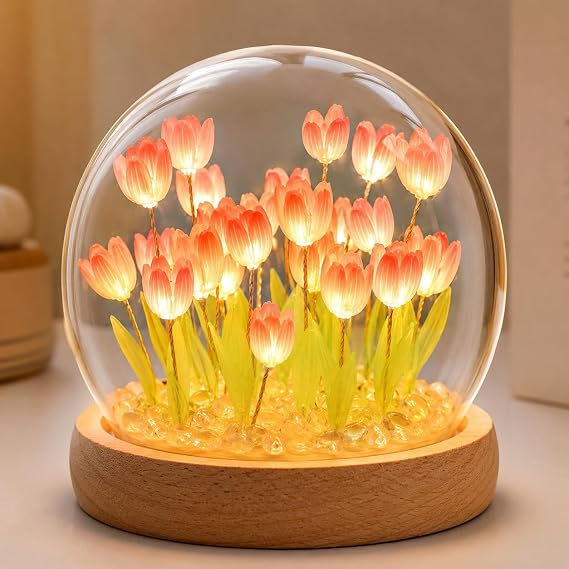 Tulip Night Light, LED Flower Lamp with Glass Dome and Wooden Base | USB Powered Artificial Tulip globe Decor Lamp for Bedroom Desk Shelf Tabletop, Birthday Mothers Day Gifts for Women Mom Wife