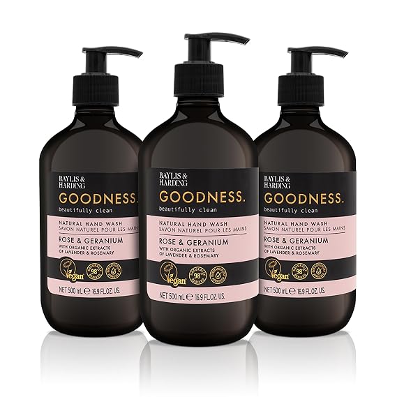 Baylis & Harding Goodness Natural Hand Wash 16.9 Fl.oz, 3 Pack | Rose & Geranium, 98% Naturally Derived, Dermatologist Approved, Vegan Friendly, Made in UK