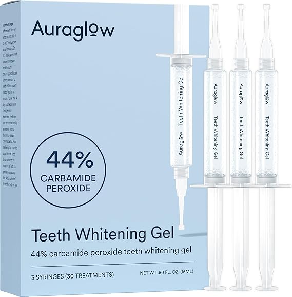 Auraglow 44% Teeth Whitening Gel for Trays, Retainers & Aligners Dentist Strength Carbamide Peroxide Whitener, 30 Treatments, 3 Syringes (5mL)