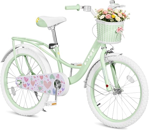 20 Inch Girls Bikes Ages 8-12, Kids Bike with Basket and Back Seat, Girls Bicycle Single Speed Bikes for Kids, Front Caliper Brake and Rear Coaster Brake, Adjustable Seat