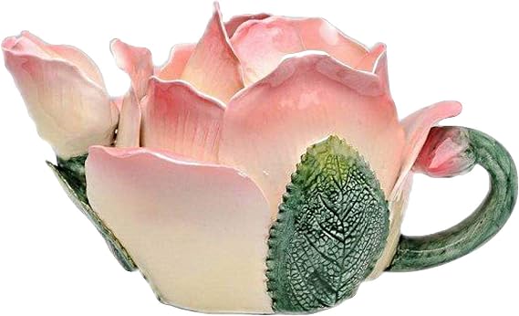 Pink and White Rose Petal Shaped Teapot with Green Leaf Like Handle
